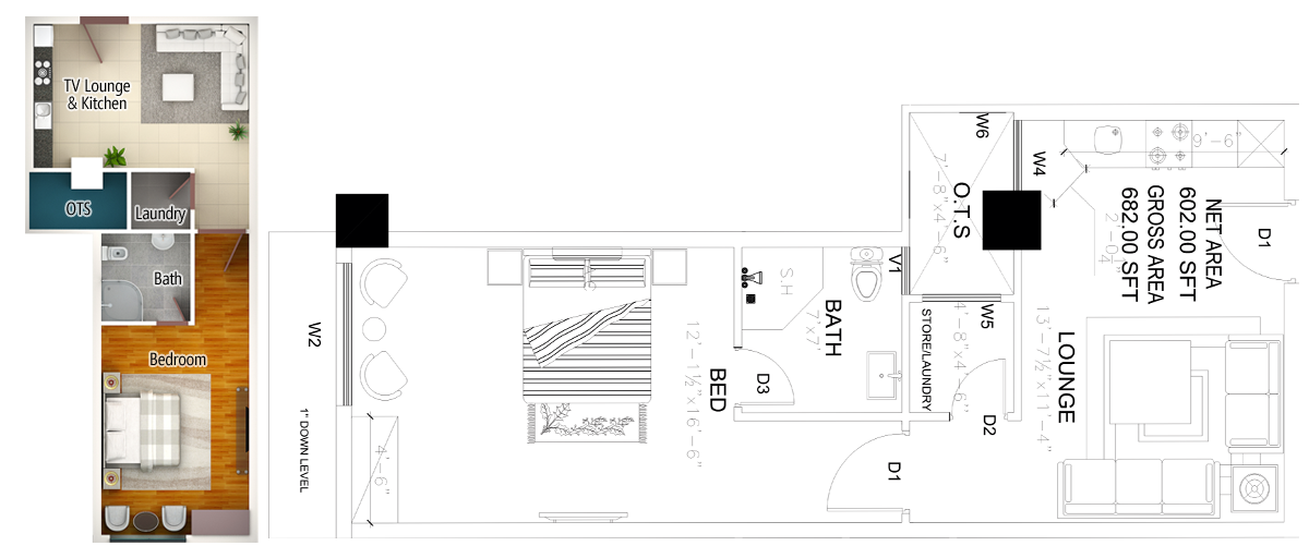1 BED ROOM